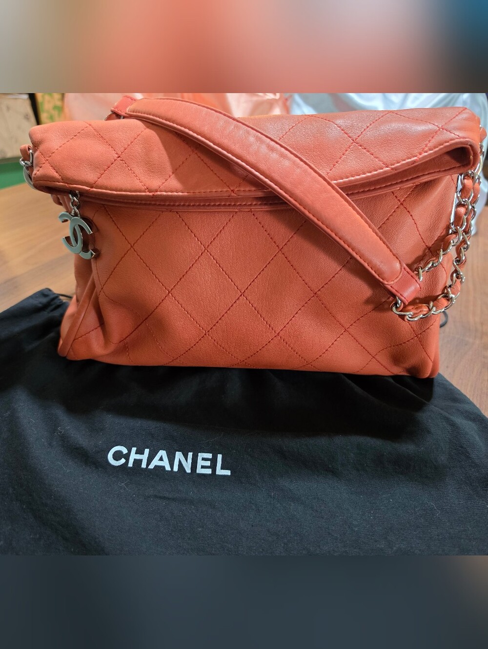 CHANEL Salmon Lambskin Quilted Hobo Shoulder Bag Silver Chain Straps w/ Dust Bag